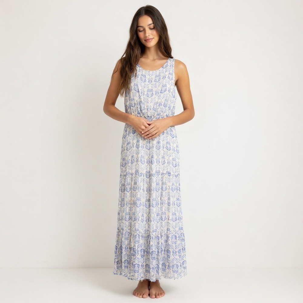 Lara G. Guidotti Blue White Damask Silk Blend Sleeveless Maxi Dress Size M Italy
